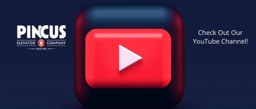 A graphic announcing Pincus Elevator Company's New YouTube Channel featuring the Pincus logo and a video play button